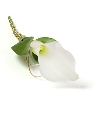 White calla lily boutonniere with green accents and gold wire wrap