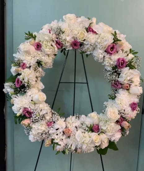 ETERNAL LIFE WREATH - 22" WREATH WITH WHITE AND PINK ROSES, WHITE HYDRANGEA, PINK LISIANTHUS AND BABYS BREATH