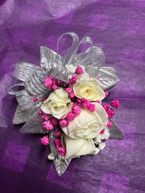 HOT PINK AND WHITE CORSAGE - CORSAGE WITH WHITE SPRAY ROSES, HOT PINK BABYS BREATH AND SILVER TRIM  
