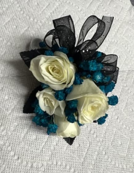 TEAL &amp; WHITE CORSAGE - CORSAGE WITH WHITE ROSES, TEAL BABYS BREATH WITH BLACK TRIM