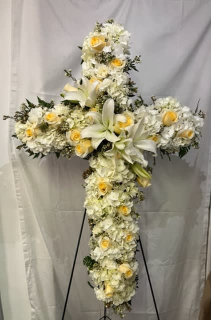 HEAVENLY LIGHT - 36" CROSS WITH HYDRANGEAS, ROSES AND LILIES