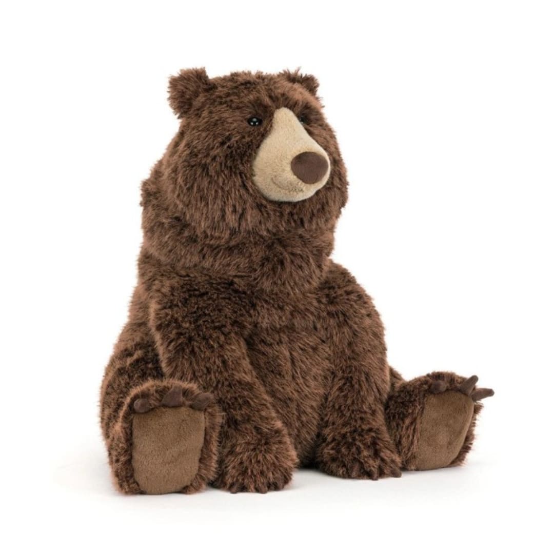 Brown plush teddy bear sitting on a white background