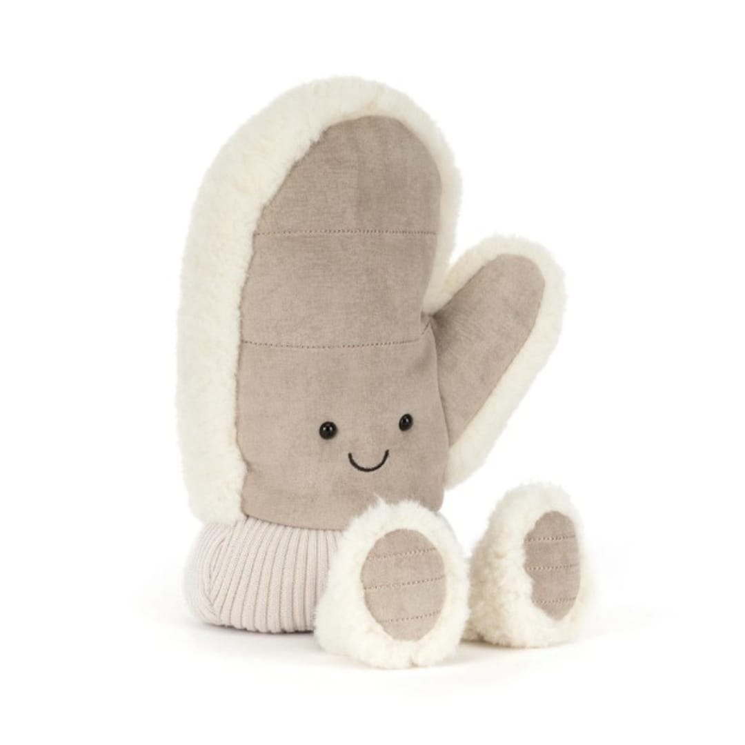 Plush mitten-shaped toy with a smiling face and fuzzy trim