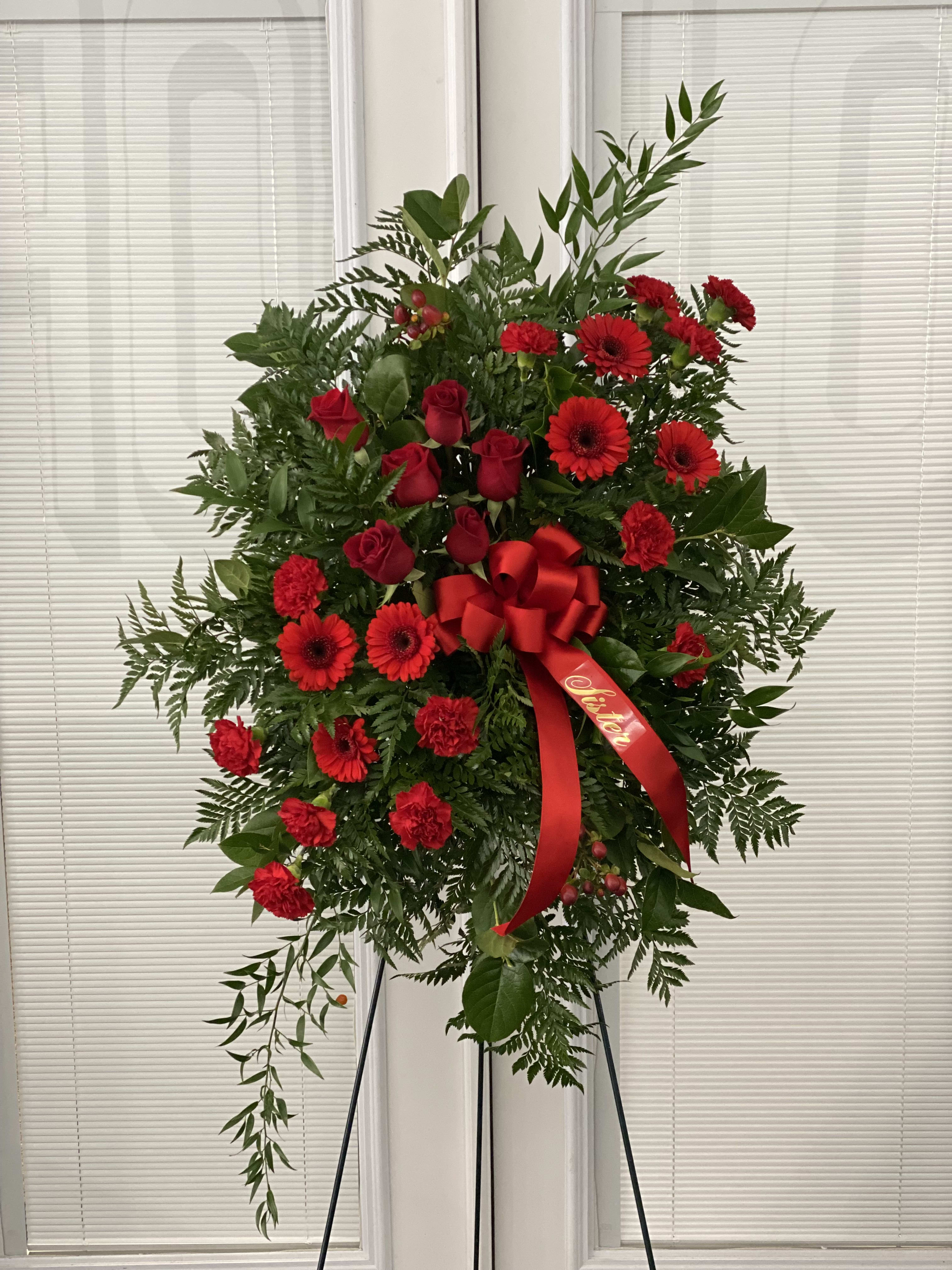 Deepest Sympathies Standing Spray - Red - This Sympathy Standing Spray, in beautiful red, is a touching symbol of your sympathy and support. 