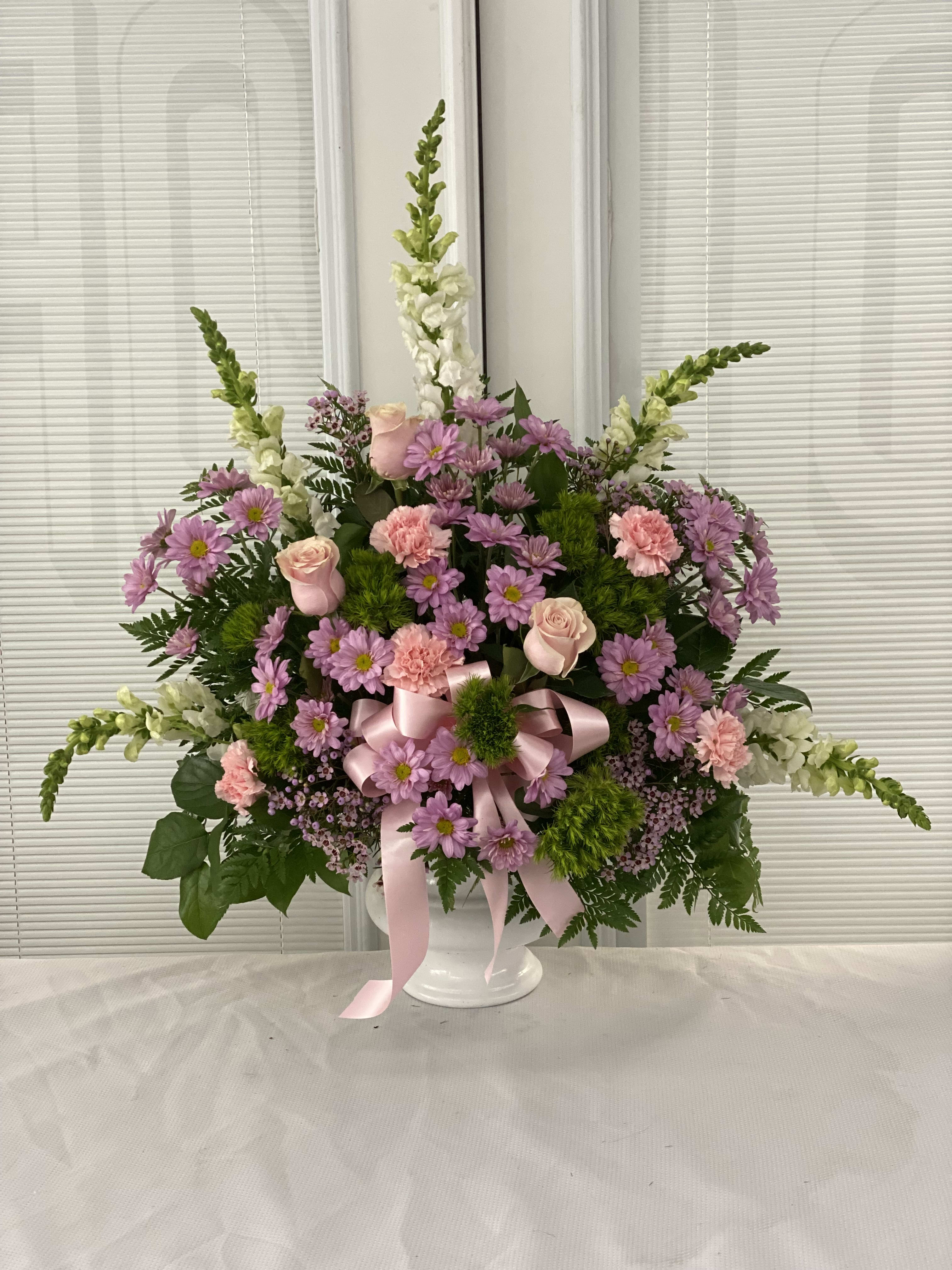 Heartfelt Tribute Pastel Floor Basket Arrangement - When you're trying to find a way to express your deepest sympathy, this pastel sympathy floor basket helps you beautifully say what is in your heart. 