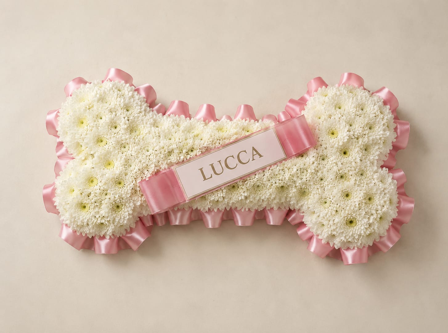 Eternal Paw tribute - A softly sculpted memorial in the shape of a paw-friendly bone, this Eternal Paw tribute is a gentle way to honor a beloved pet at a funeral or sympathy visit. The white chrysanthemum surface reads as tender and pure, while the pink satin ribbon trim and center band add a warm, personalized touch-perfect for commemorating a companion and for seasonal observances like Dia de los Muertos.  
