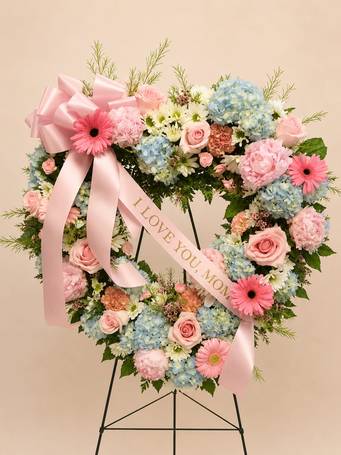 Blush Memory Wreath - A soft heart-shaped sympathy wreath crafted in pastel pinks, blues, whites, and greens that reads like a gentle embrace. This flower arrangement-designed as a memorial or Mother's Day tribute-sends a clear, loving message with a pink satin ribbon printed "I LOVE YOU, MOM" draped across the front so the person you're honoring feels remembered and cherished. 