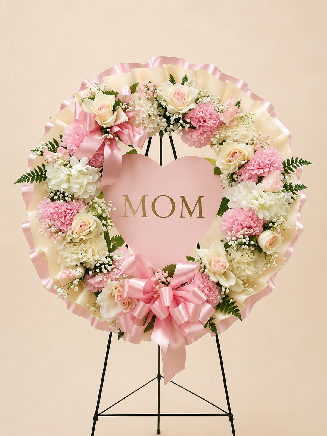 Forever Mom - A heart-shaped floral wreath centered with a pink heart sign that reads "MOM" makes an unmistakable Mother's Day tribute - the perfect sympathy or remembrance arrangement when you want her to feel cherished and remembered. The Forever Mom arrangement speaks directly to a mother, grandmother, or maternal figure with a soft, feminine palette that conveys comfort and love.