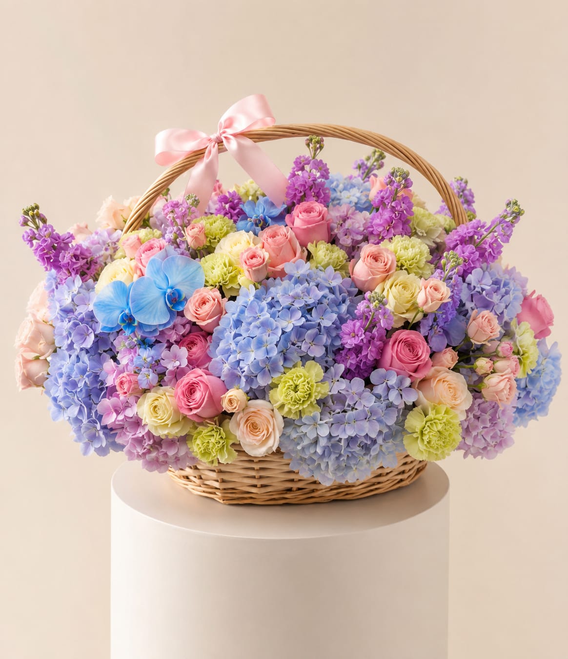 FRENCH GARDEN BASKET - A soft, garden-fresh surprise arranged in a woven wicker basket with a pink satin bow-the French Garden Basket is a pastel flower arrangement perfect for a birthday bouquet, Mother's Day gift, anniversary flowers, or a cheerful "thinking of you" moment. The first impression is lush and romantic: tightly packed rounded rose heads and ruffled carnations spill from the basket alongside clustered hydrangeas and a few delicate blue orchid blooms, so the person you send it to will feel truly celebrated and seen.