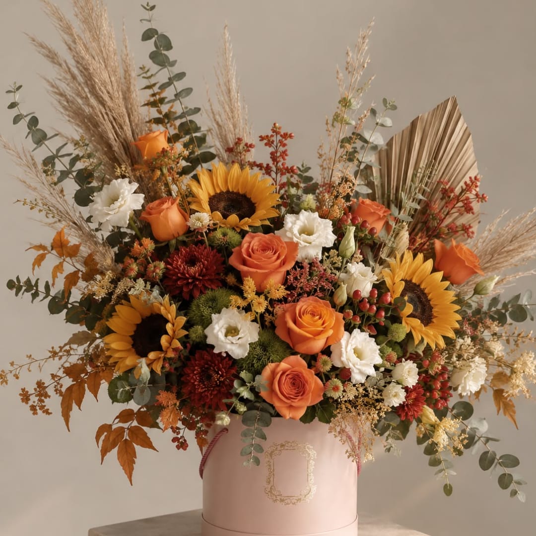 Large autumn bouquet with sunflowers, orange roses, and white blooms in a pink hatbox
