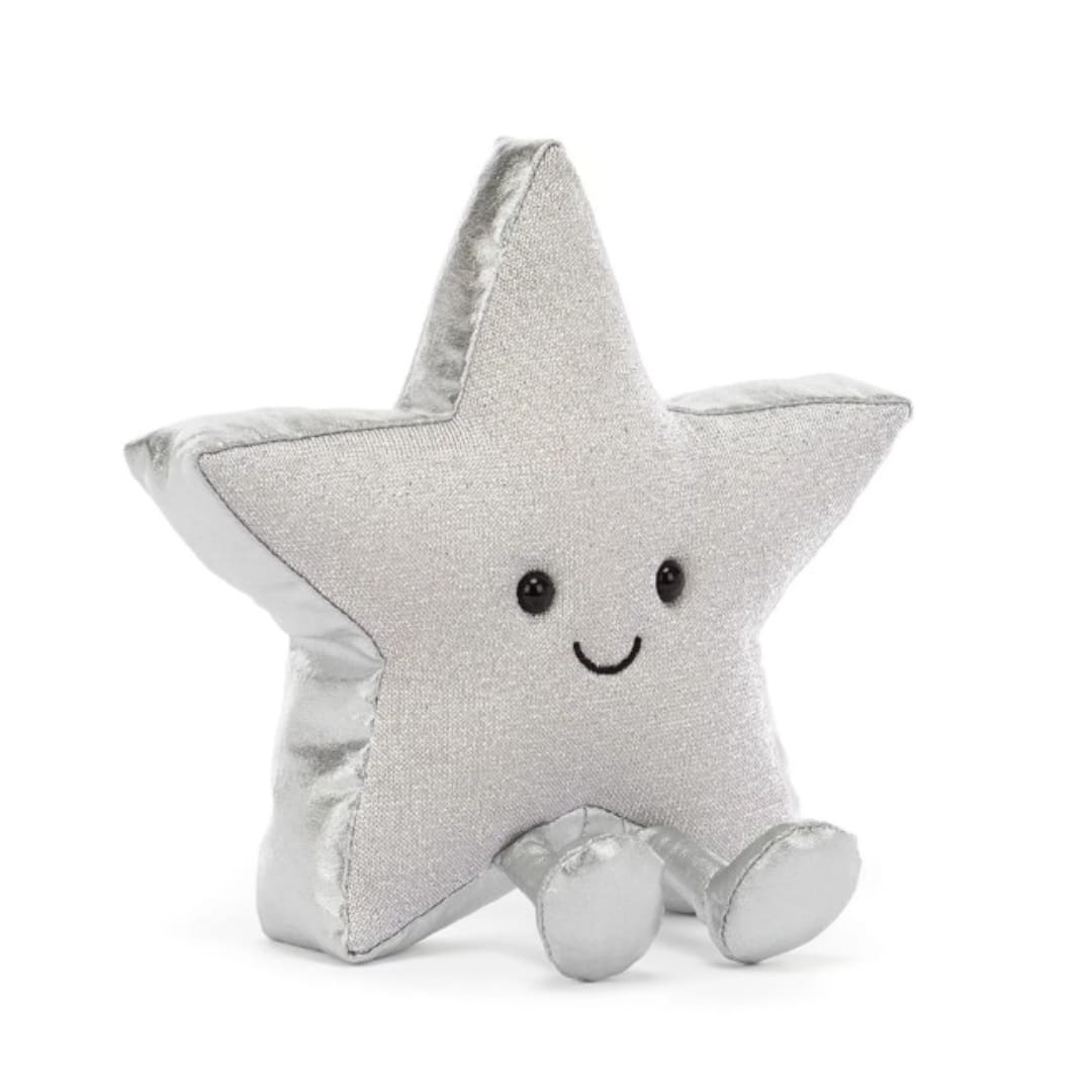 Silver star-shaped plush toy with a smiling face