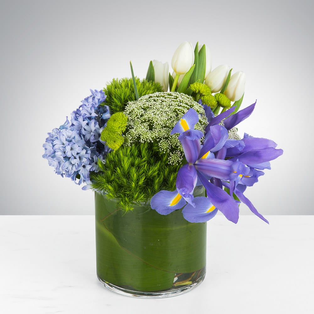Lush Meadows  - This arrangement includes green dianthus, blue iris, white tulips, hyacinths, and other seasonal blooms. This is a great spring gift for a birthday, get well, or thank you. APPROXIMATE DIMENSIONS: 10" D x 10" H