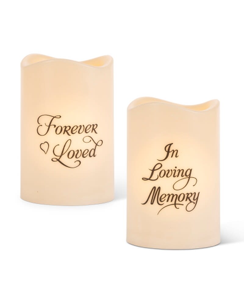LED Lighted memorial candle 2 assorted - Resin/batteries included w/5 hour timer 3"x 4" A/ In Loving memory B/ Forever Loved Can be added into an arrangement or dish garden.   Each Sold separately 