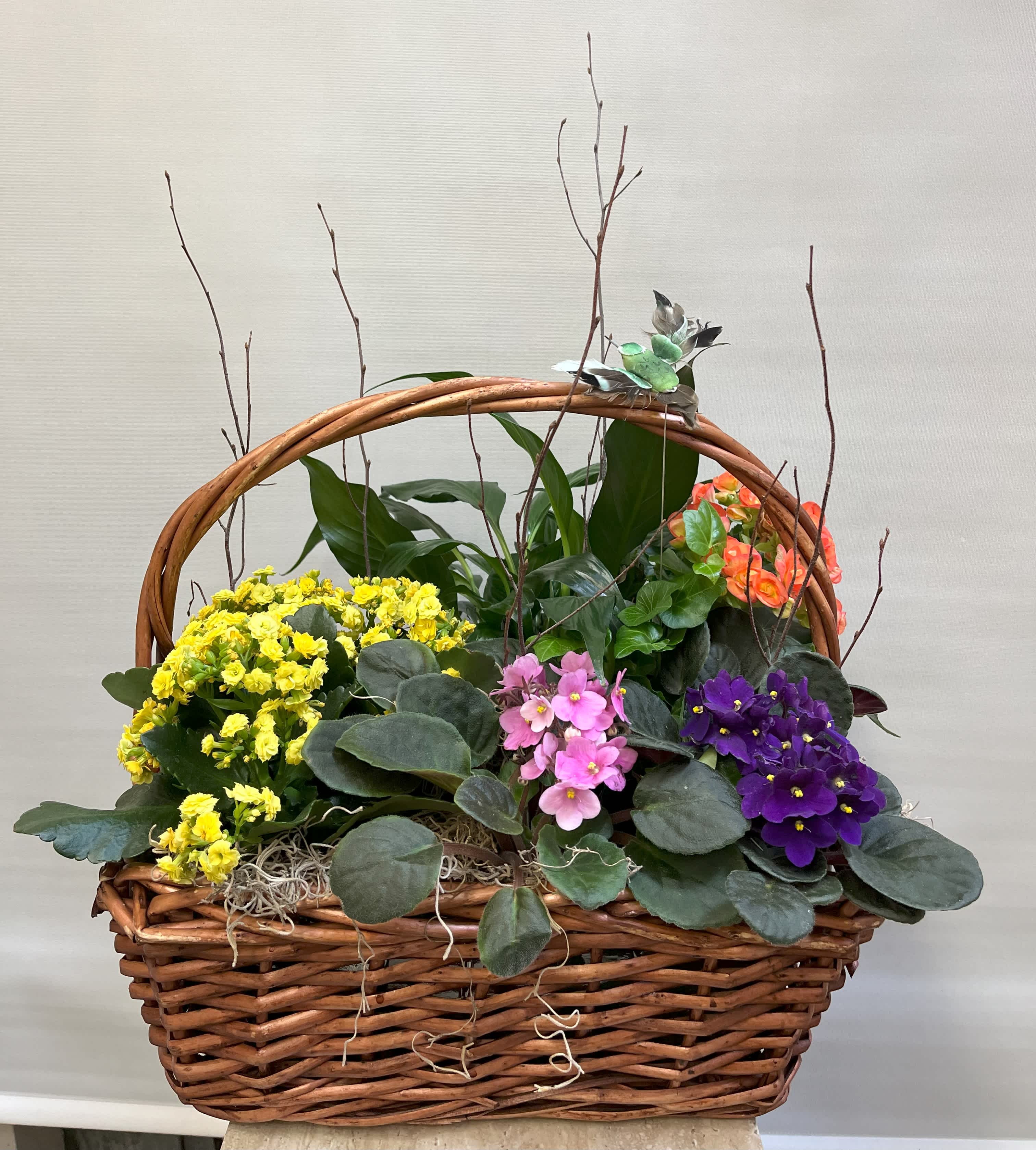 Wicker basket planter with colorful flowering plants and bare twigs