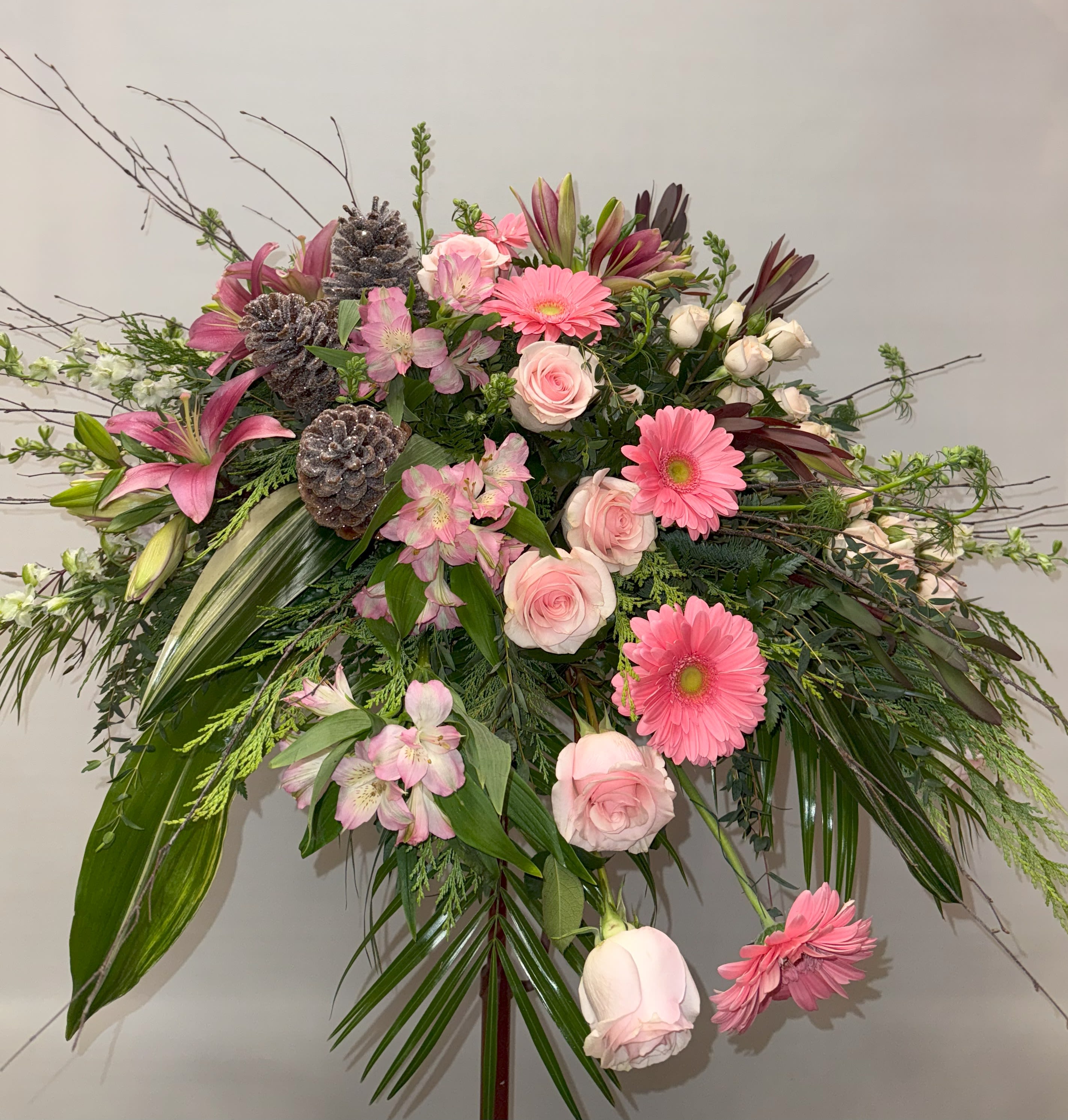 Pink and white floral spray with roses and gerbera daisies