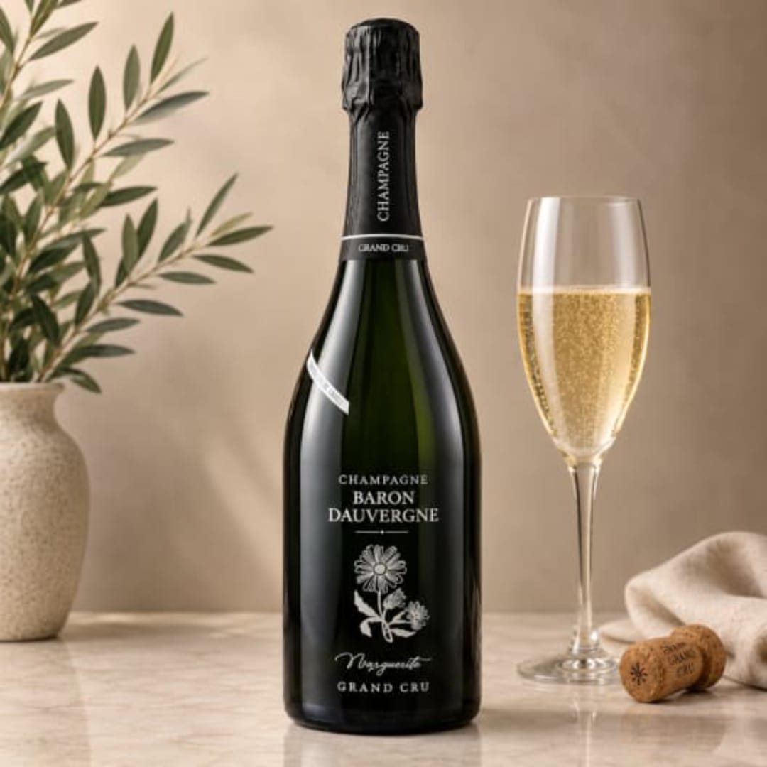 Champagne bottle beside a filled flute glass on a table