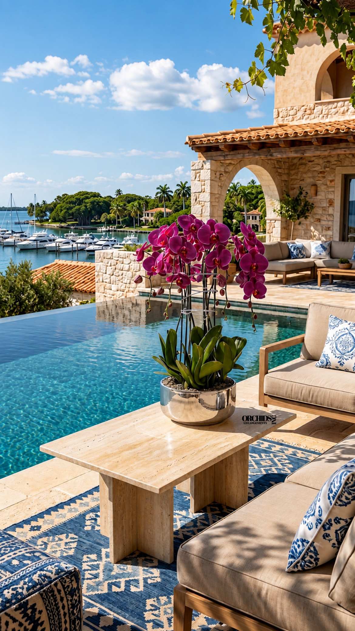Potted purple orchids in a reflective silver bowl beside a pool