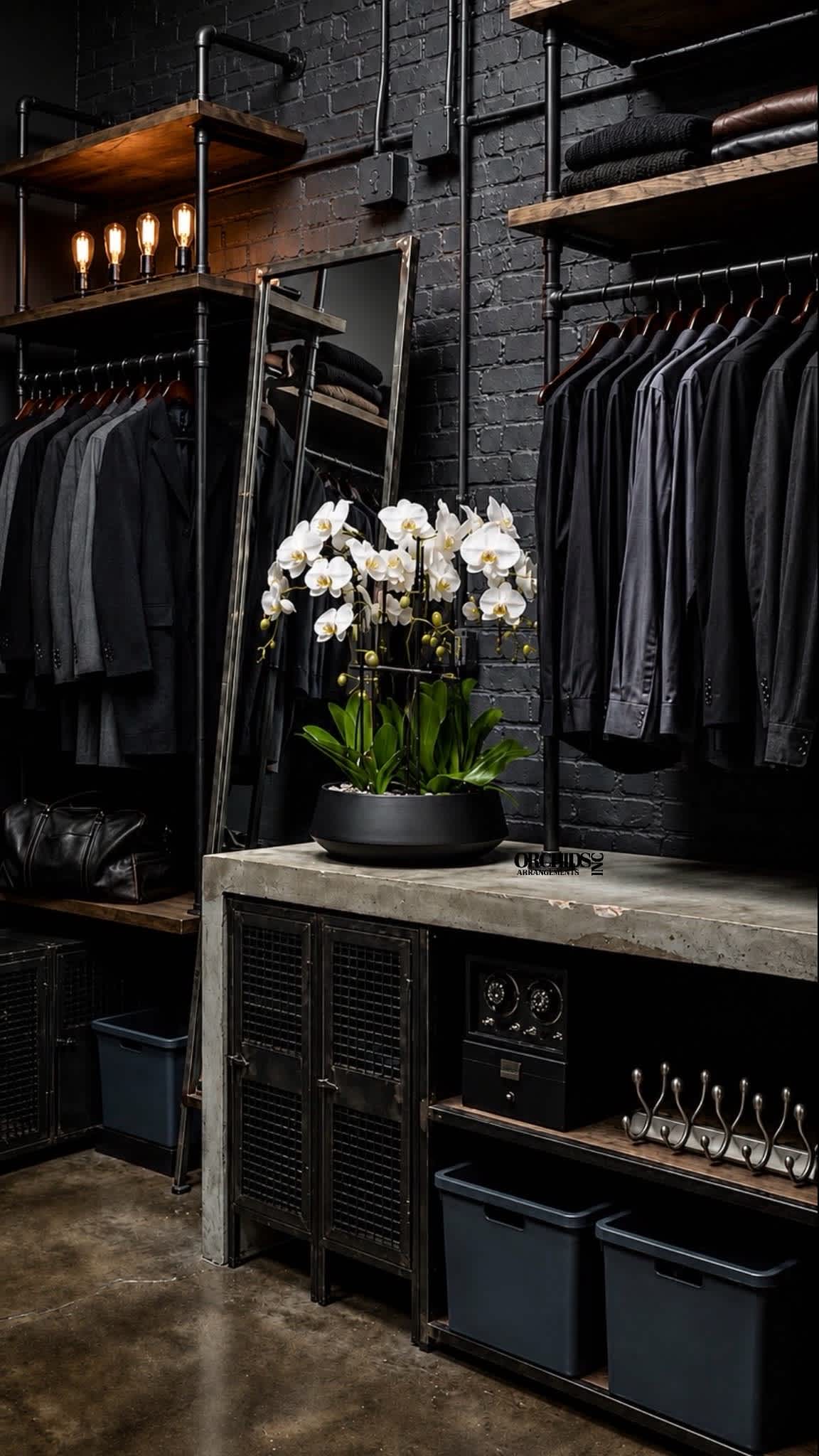 White orchids in a black bowl planter on a concrete counter