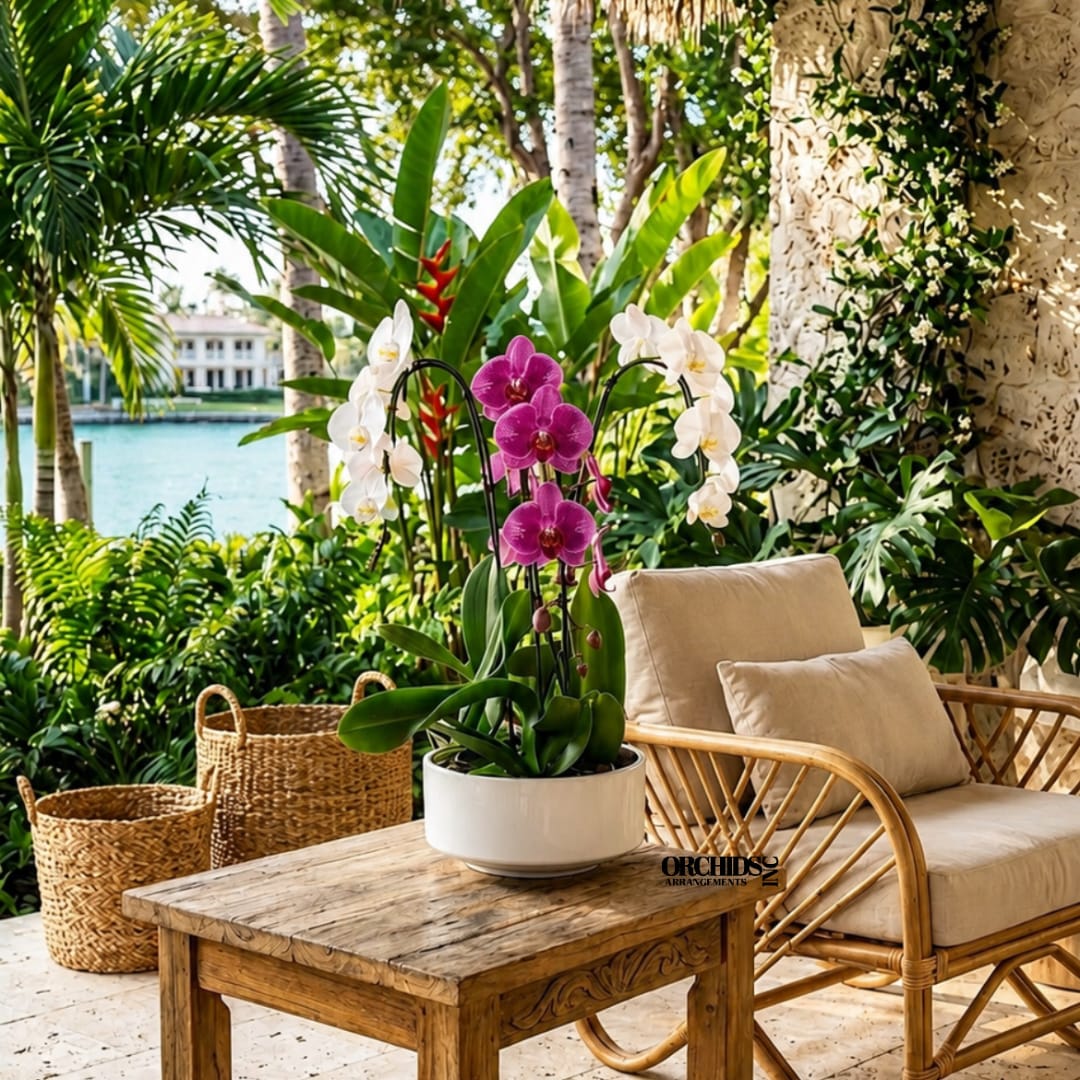 Potted orchids with purple and white blooms on a patio table