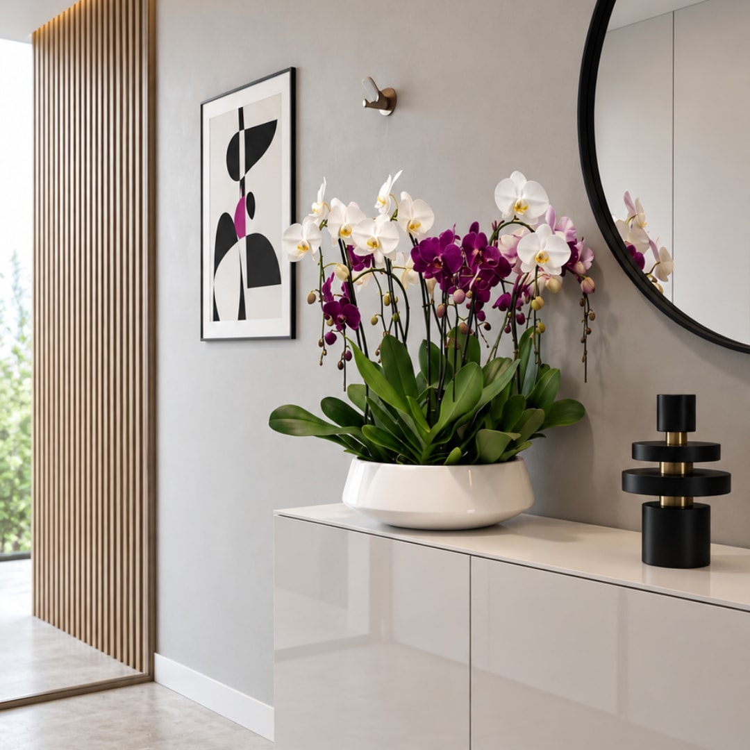 White and purple orchids arranged in a white bowl on a cabinet