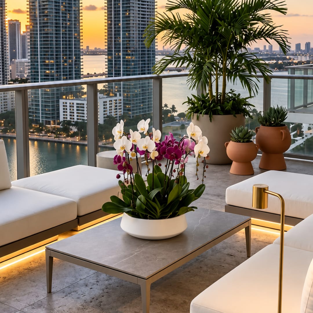 Potted orchids on a rooftop patio with city and water views at sunset