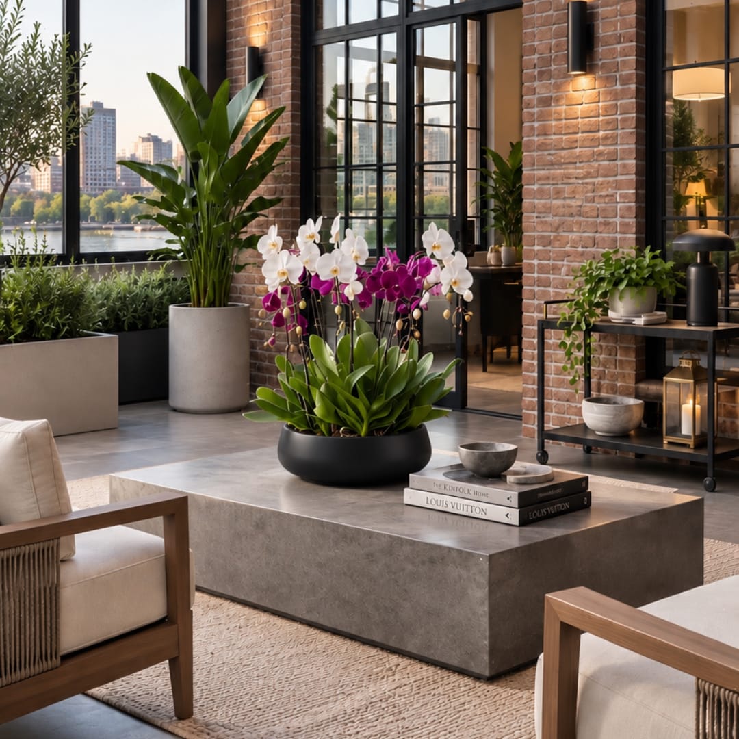 Potted orchids with white and purple blooms on a low table in a modern room.