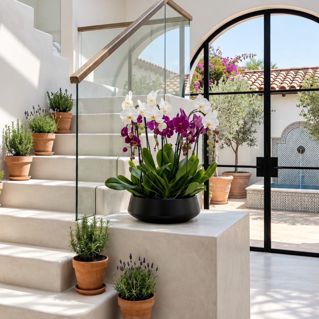 White and purple orchids in a black bowl planter on a staircase landing.
