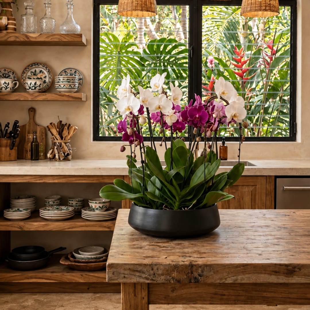 Potted orchid arrangement with white and purple blooms in a black bowl