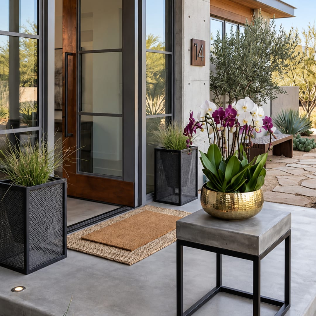 Orchid arrangement in a gold bowl on a concrete table outside a modern home