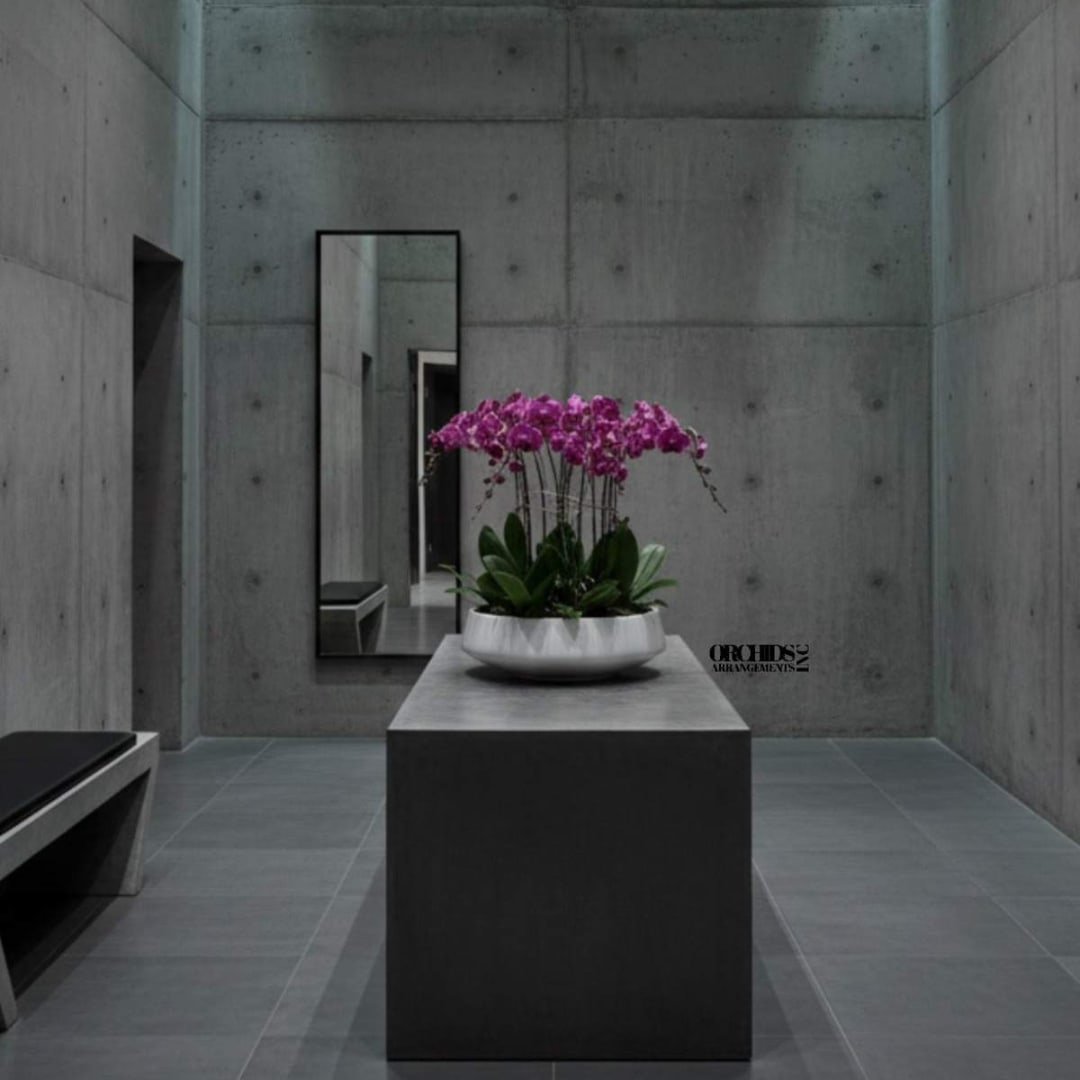 Purple orchids in a white bowl on a pedestal in a concrete room