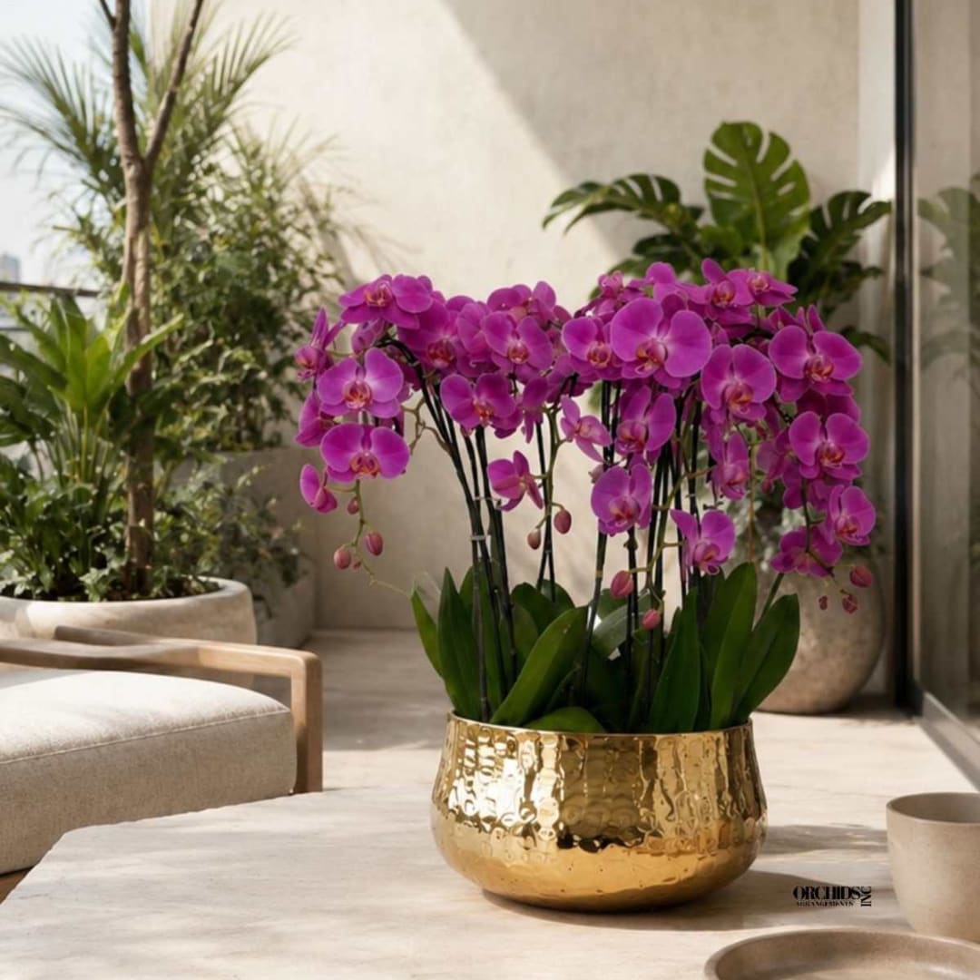 Purple orchids arranged in a gold hammered pot