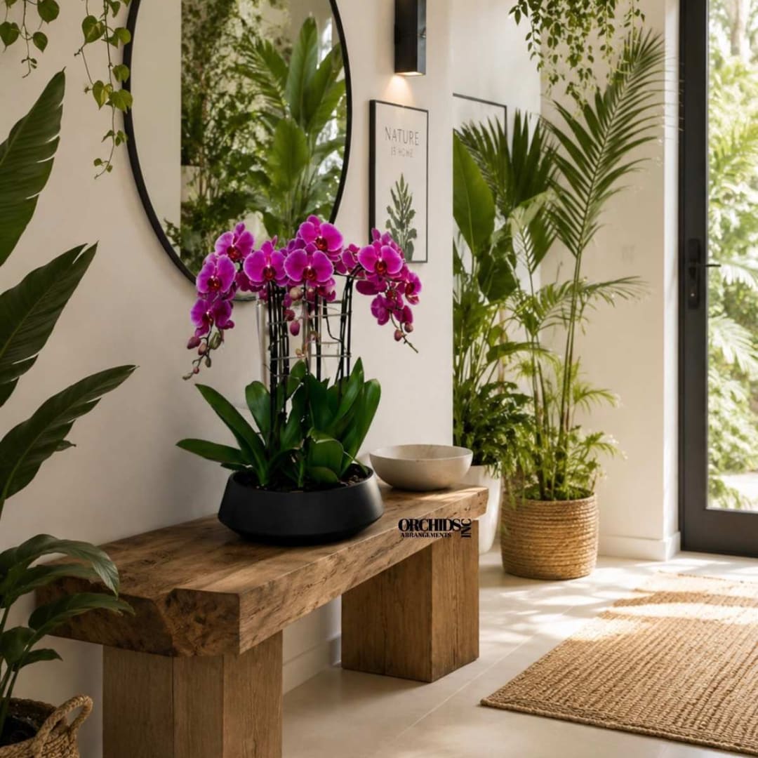 Potted purple orchids on a wooden bench in a bright room