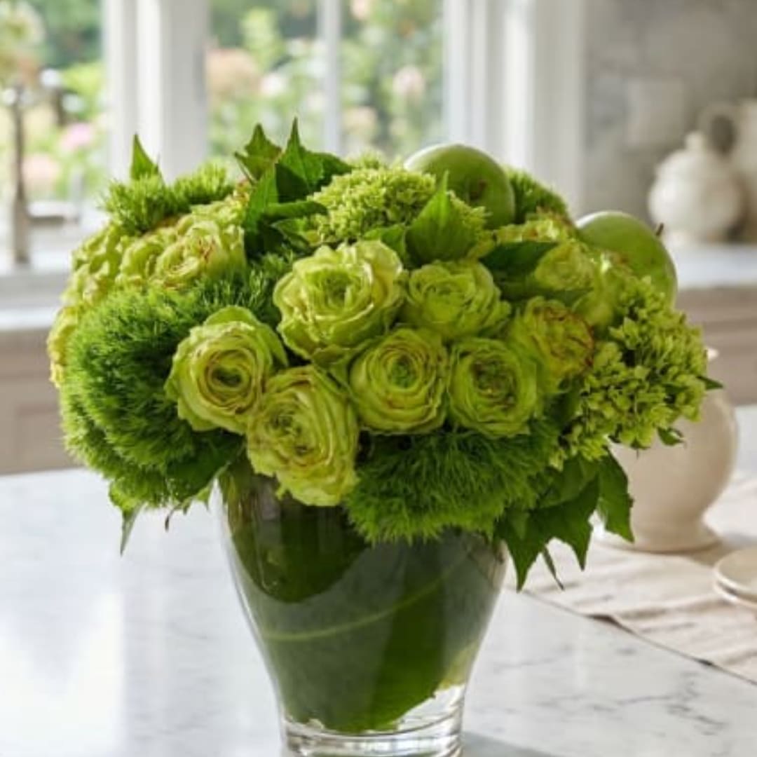 Green floral arrangement in a glass vase on a table