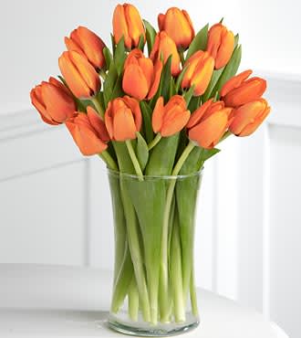 Orange tulips arranged in a clear glass vase