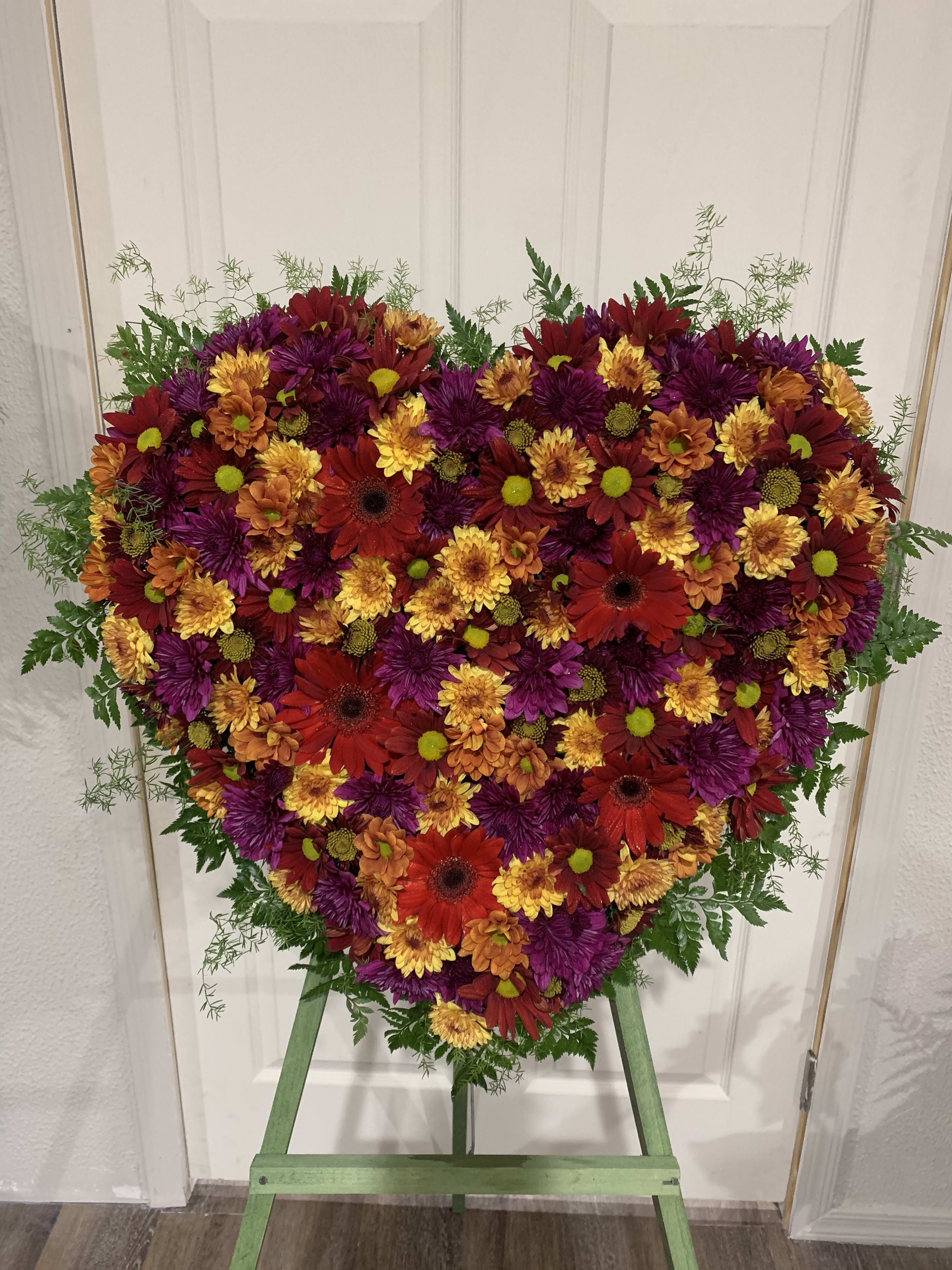 Fall Heart  - Solid Heart Easel with assorted fall flowers.
