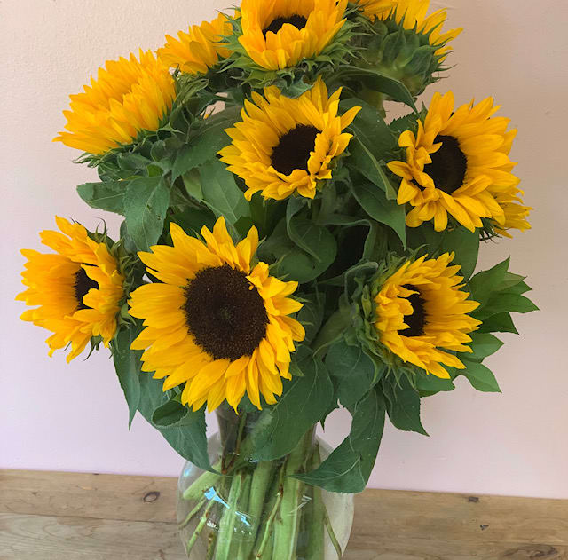 Bouquet of yellow sunflowers in a clear glass vase