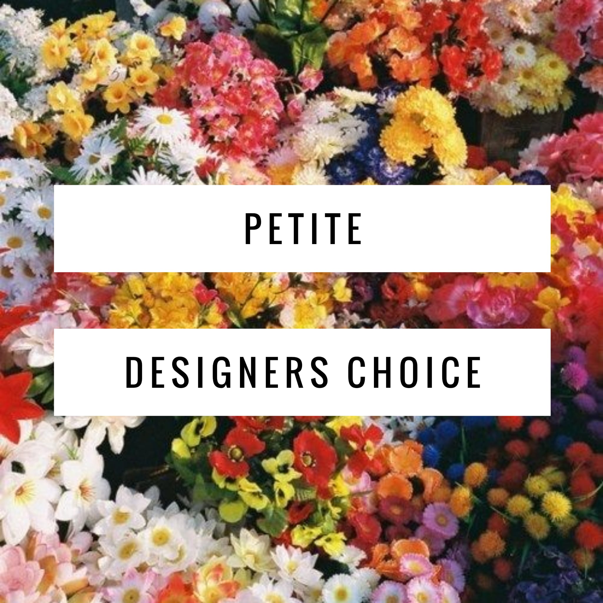 Colorful flower collage with the words Petite Designers Choice