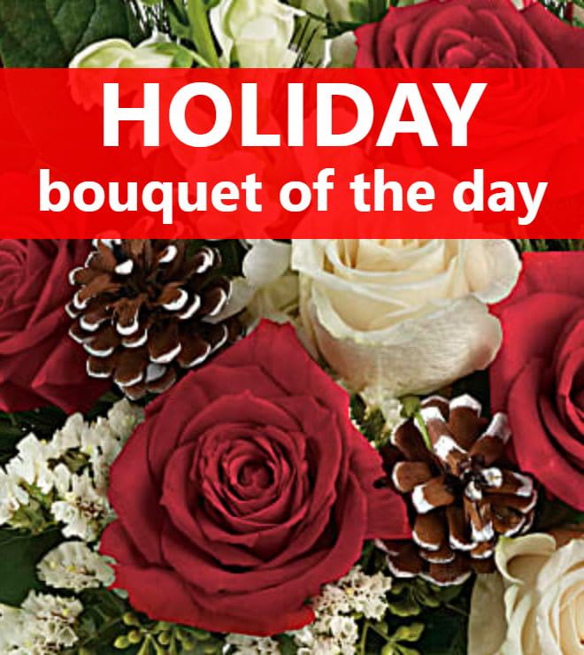 Red and white rose bouquet with pinecones and holiday text