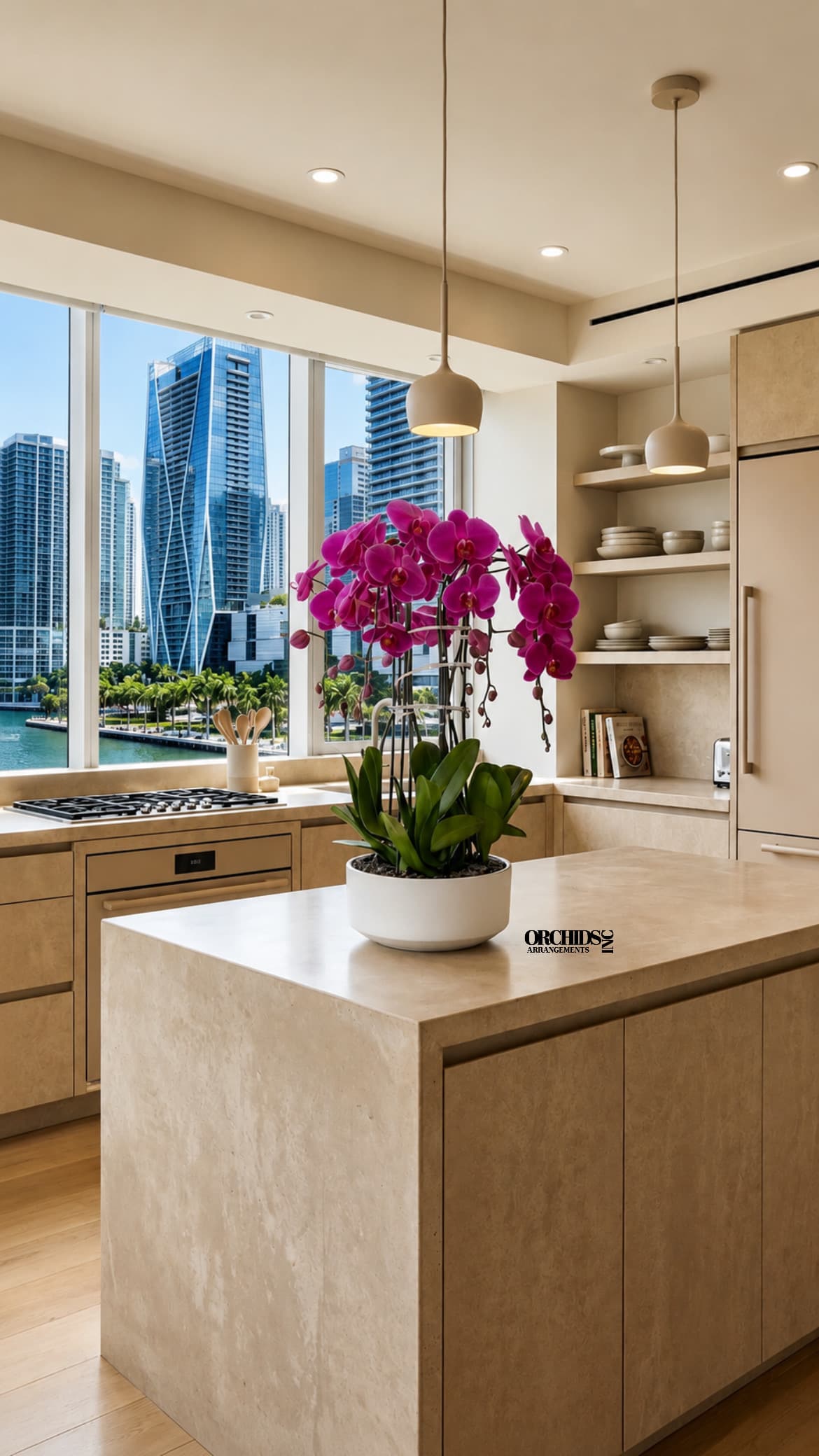 Potted magenta orchids in a white planter on a kitchen island