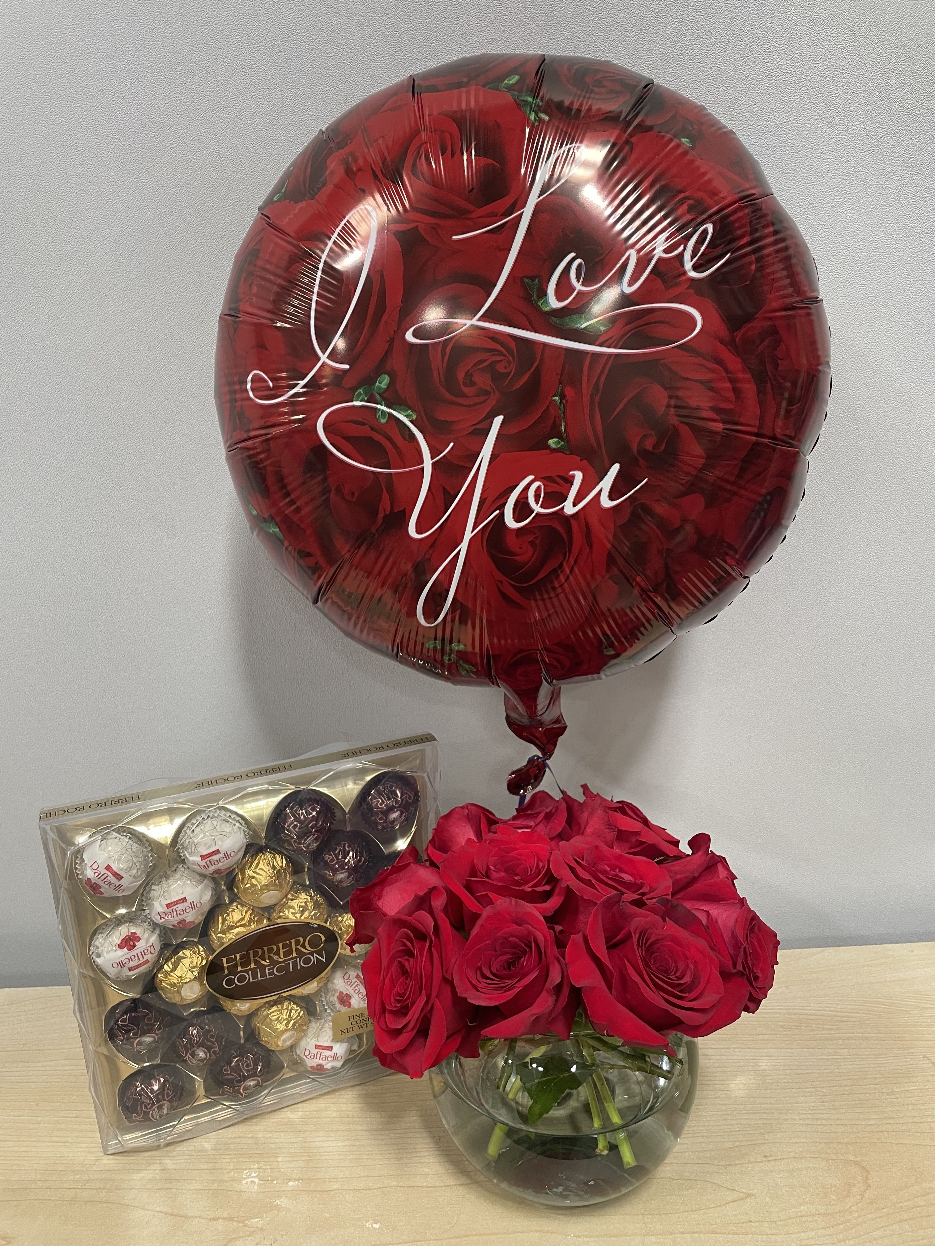Red rose bouquet with a love balloon and Ferrero Rocher chocolates