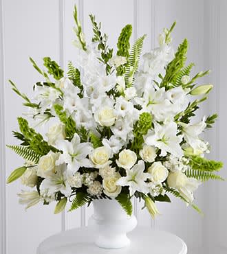 Morning star - green bells, white roses ,gladiolus, carnations,lily