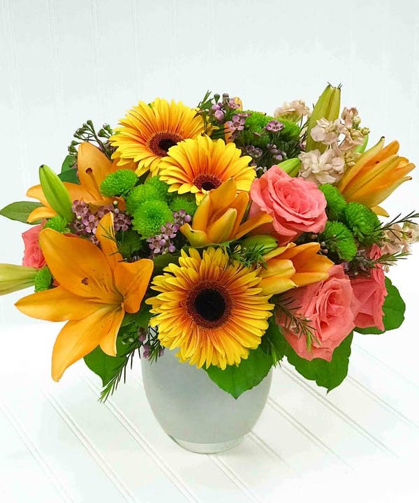 Fresh Feels - Orange lilies, coral roses, yellow gerberas