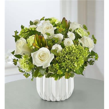 Simple Sophistication Bouquet - White roses,leucadendron green, green mini hydrangea, green carnations,white button pom, bupleurum.