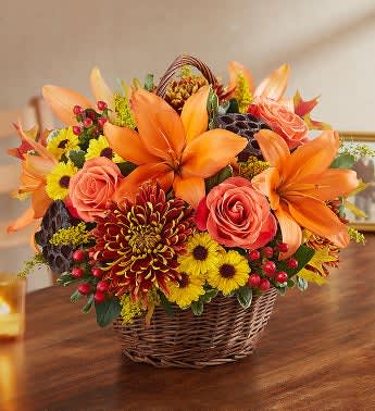 Peace, Prayers and Blessings Fall - Orange lilies,bronze football mum,orange roses,yellow, viking pom,red hypericum, solidago,
