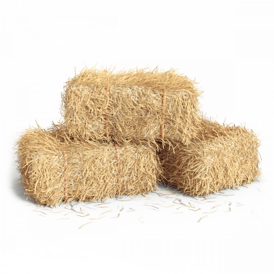 Three small rectangular hay bales stacked on a white background