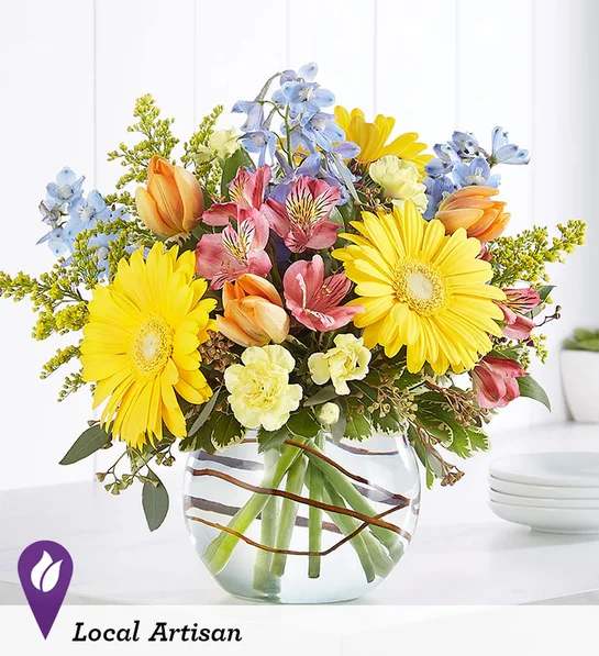 Cottage Blossoms - Seasonal flowers in a Bubble Bowl, Yellow Gerbera daisy, solidago, Pink Alstoemeria , Yellow mini Carnations
