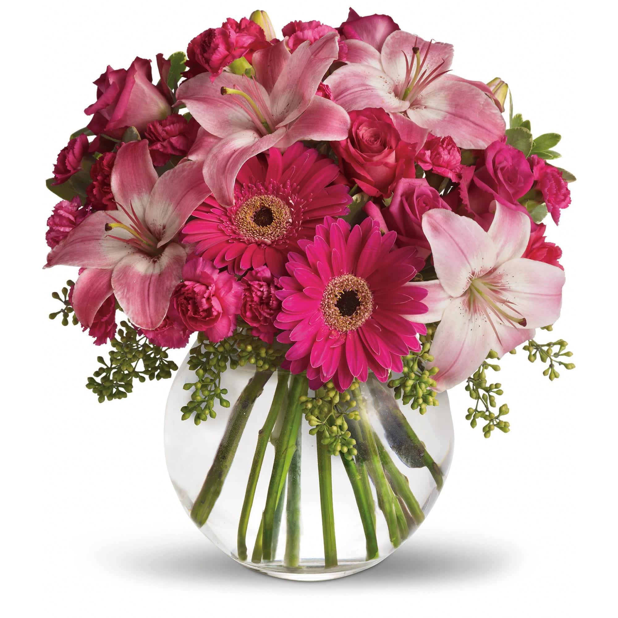 Little Pink Me Up - Youthful. Graceful. Beautiful. These are just a few qualities that come to mind when gazing at a gorgeous bouquet of pink flowers. Whether you want this arrangement to say "Happy Anniversary" or "Happy Any Day," you can be sure the day it arrives will be brighter for anyone lucky enough to receive it.    Lovely pink roses and asiatic lilies are joined by hot pink gerberas and miniature carnations, pink full-sized carnations and more in a clear glass ball. Send this one and life will be a bowl of cheer!    Approximately 13 1/4" W x 14 1/2" H    Orientation: All-Around    As Shown : T10-3A  Deluxe : T10-3B  Premium : T10-3C