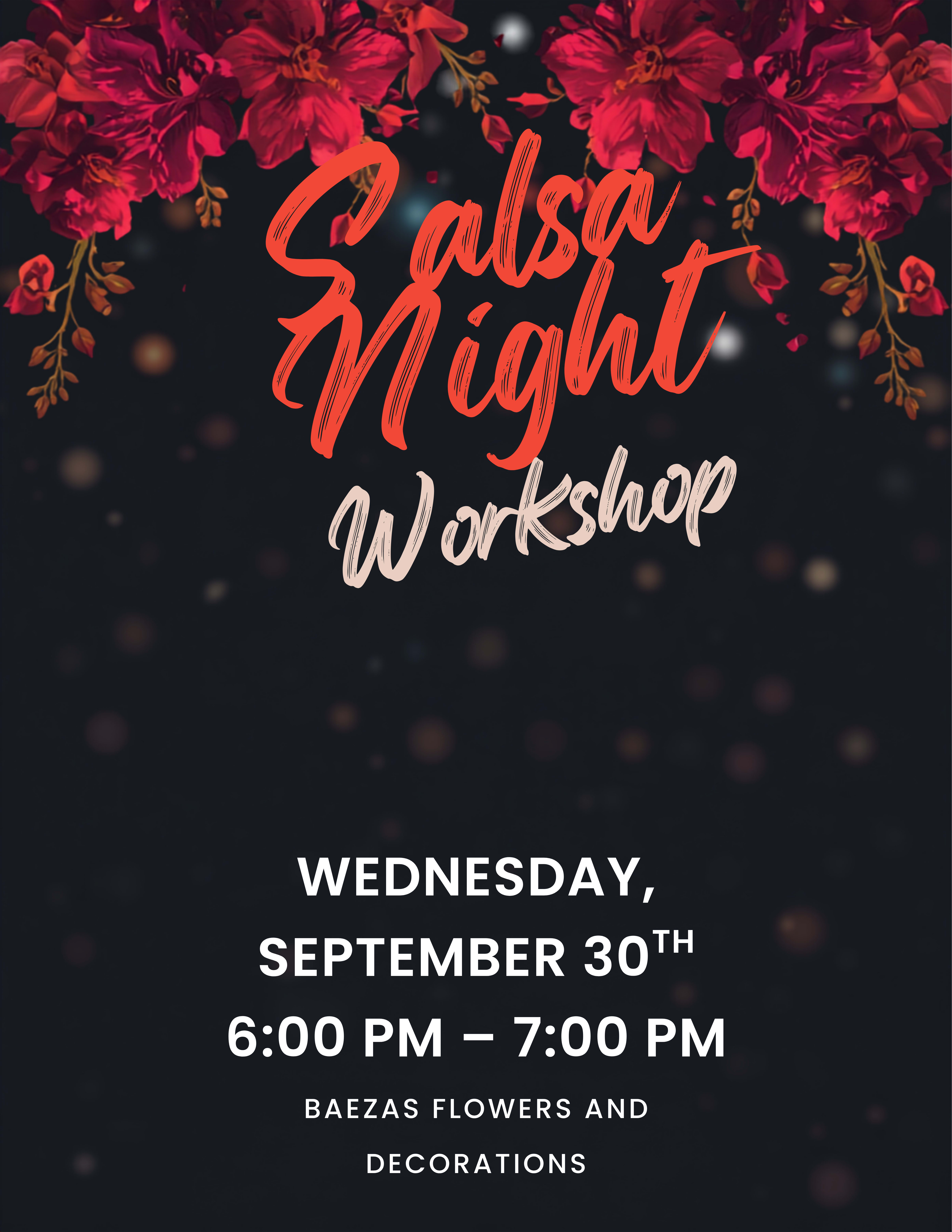 Floral workshop poster with red flowers and event details on a dark background