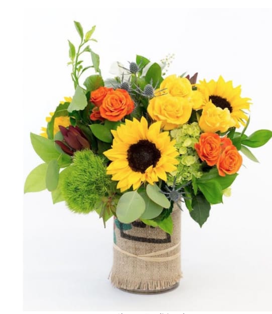 Happy Days are Here Again - Oh, what a happy day it will be for whoever is lucky enough to have this vase full of joyful and jubilant blossoms delivered to them. Perfect for Happy Birthday or Happy Any Day, this pretty arrangement is sure to inspire smiles!  Dazzling green roses, carnations and button spray chrysanthemums, yellow asiatic lilies and gladioli along with fresh greens fill a rectangular glass vase. Come on! Say it and send it like you mean itâ¦ Oh Happy Day!  Approximately 12" W x 10" H  Orientation: All-Around  As Shown : T27-1A Deluxe : T27-1B Premium : T27-1C