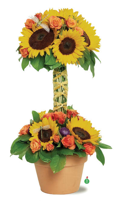 Sunny Sunflower Topiary - In a magical garden the sun shines all day long! We’ve recreated that fantasy world with this bright display of sunflowers and roses in a terracotta pot, adorned with a few faux dragonflies or butterflys